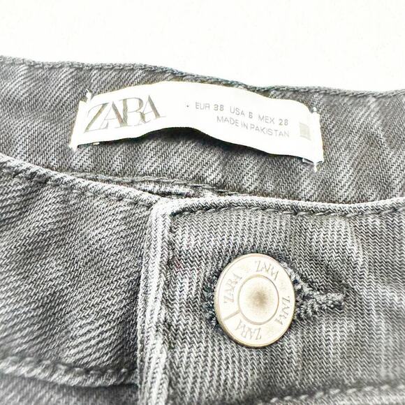 Zara Black Charcoal Straight Leg Distressed Denim Jeans Zip Fly Size 6 - Picture 6 of 8